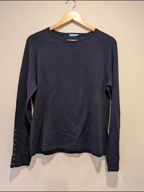 J. McLaughlin Navy Long-Sleeve Crewneck Cuff Buttons Sz L Coastal Preppy Classic